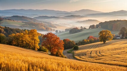 Obraz premium Serene Autumn Chuse Landscape: Golden Fields and Misty Mountains