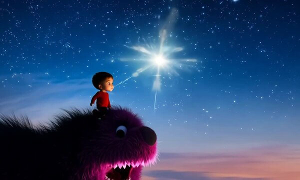 3D Cartoon Child on Pink Monster at Night 