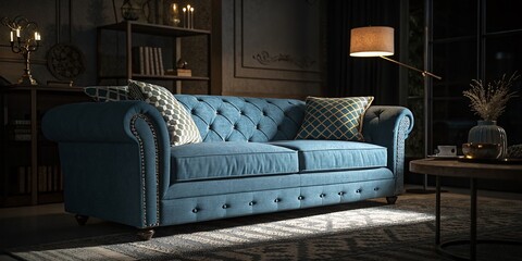 Serene Blue Couch in a Dark Living Room - Night Photography