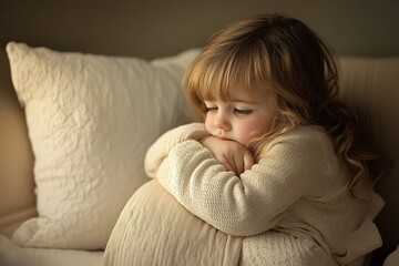 Child resting on pillow, embodying innocence and contemplation,
