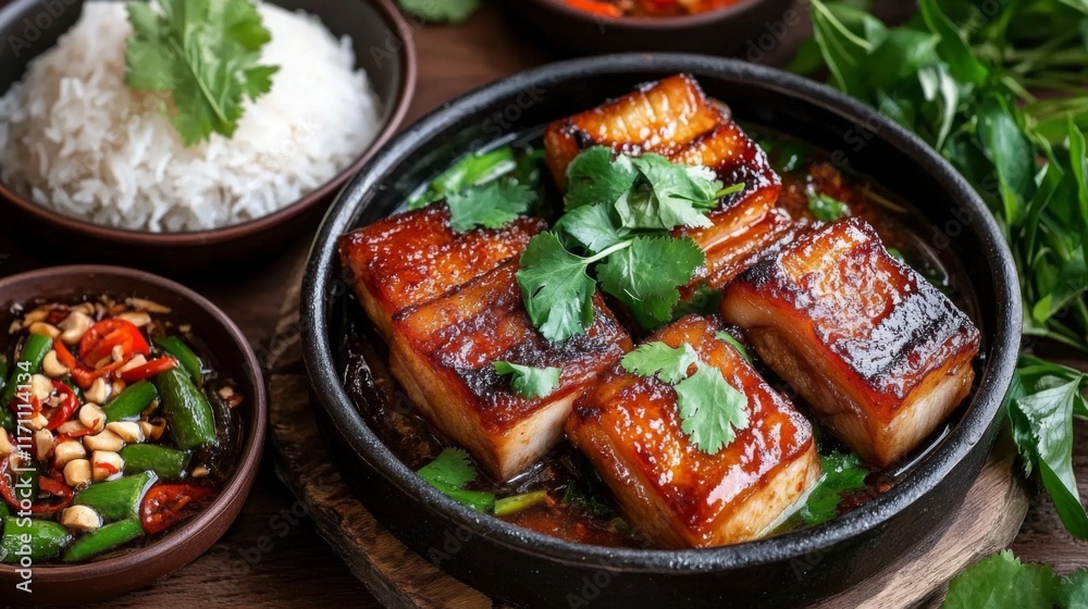 Poster a cozy setting featuring a serving of pork belly with fish sauce, garnished with fresh herbs and acc