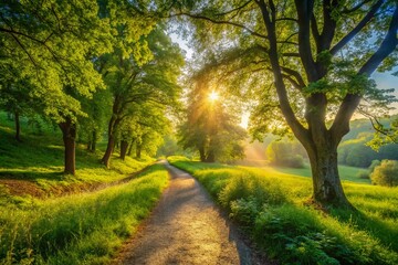 Obraz premium Serene Countryside Path: Crisp Morning Light, High-Resolution Stock Photo