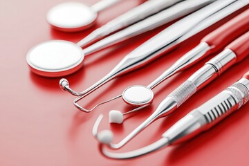 Collection of Dental Tools and Instruments on a Vibrant Red Surface for Professional Use