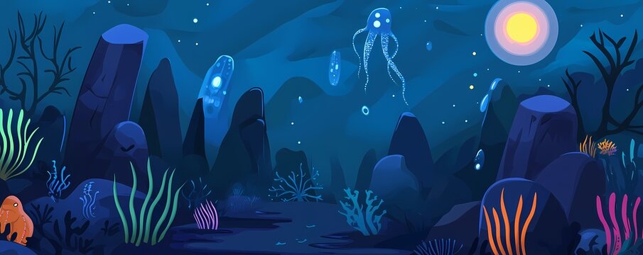 Dark Abyssal Trench with Glowing Bioluminescent Organisms