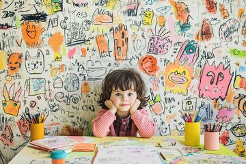 Fototapeta premium Child sitting at table surrounded by colorful drawings and art m