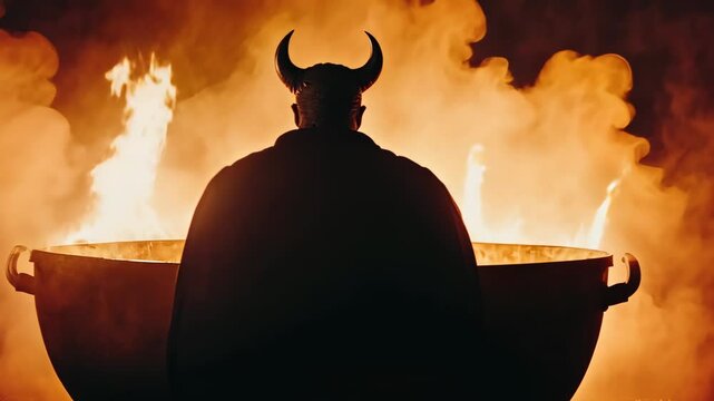 Mysterious horned figure standing in front of a fiery cauldron in a dark setting during an intense ritual. Back view of the devil in hell
