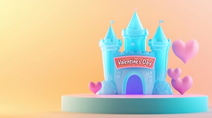 Fototapeta premium Cute Valentine s Day Castle Pastel Blue 3D Render Hearts Romantic Festive Background