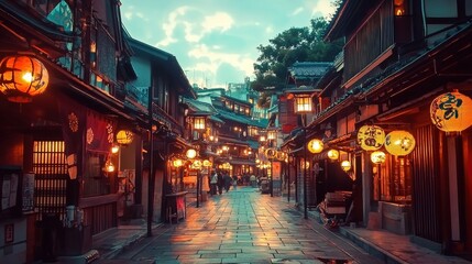 Naklejka premium Japanese Street at Dusk with Glowing Lanterns and Traditional Architecture - A Picturesque and Serene Scene of Cultural Heritage and East Asian Charm