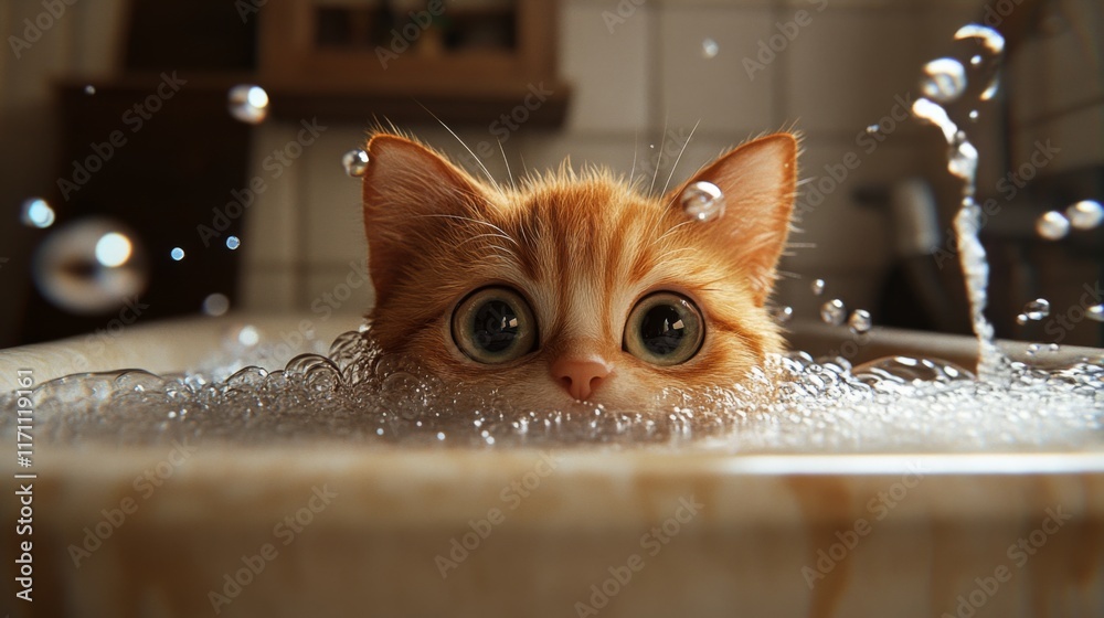 Poster A cute scene of a cat peering over the edge of a bathtub filled with bubbles, with its face partially submerged and a look of curiosity on its face.