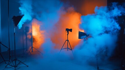 Obraz premium Studio room in smoke, illuminated by spotlights