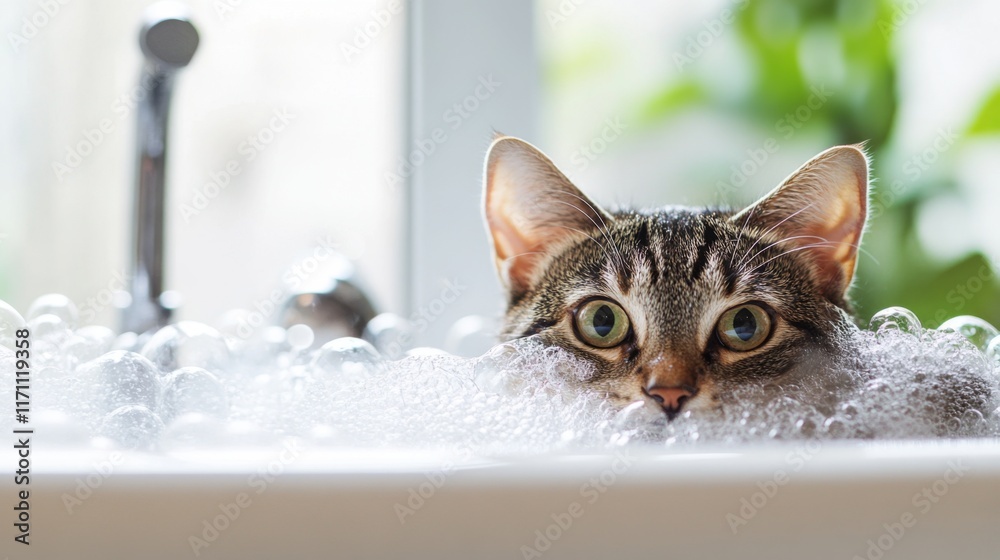 Poster a cute scene of a cat peering over the edge of a bathtub filled with bubbles, with its face partiall