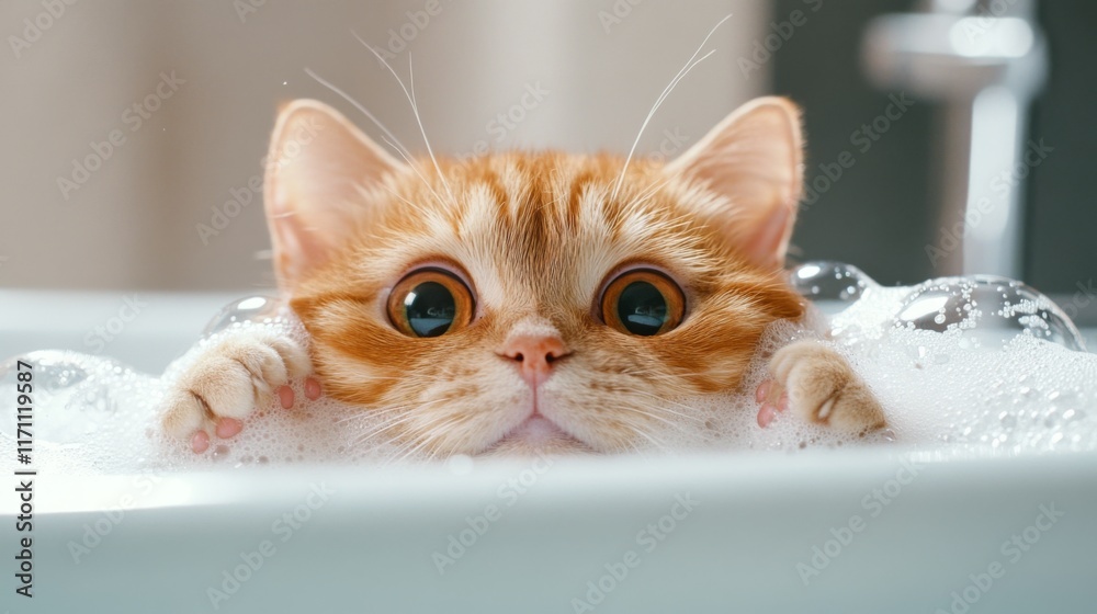 Poster a cute scene of a cat peering over the edge of a bathtub filled with bubbles, with its face partiall