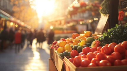Bright Market Scene with Fresh Vegetables and Tomatoes Under Warm Sunlight, Capturing the Vibrant Atmosphere of an Outdoor Marketplace in Autumn