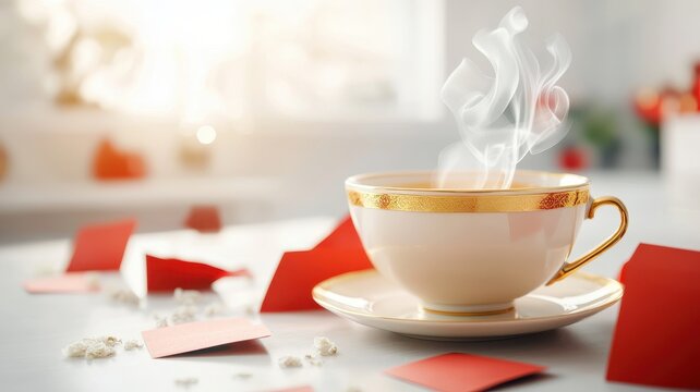 Happy Chinese New Year with food and gift. A steaming cup of coffee surrounded by vibrant red decorations. - Powered by Adobe