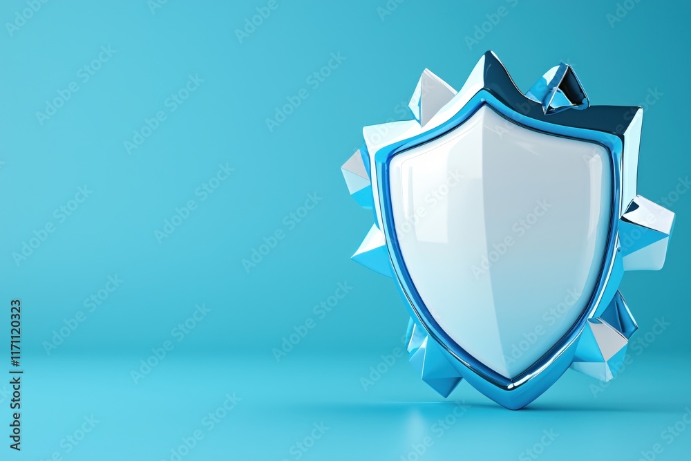 Poster shiny 3d shield icon on bright blue background for cybersecurity and protection concepts