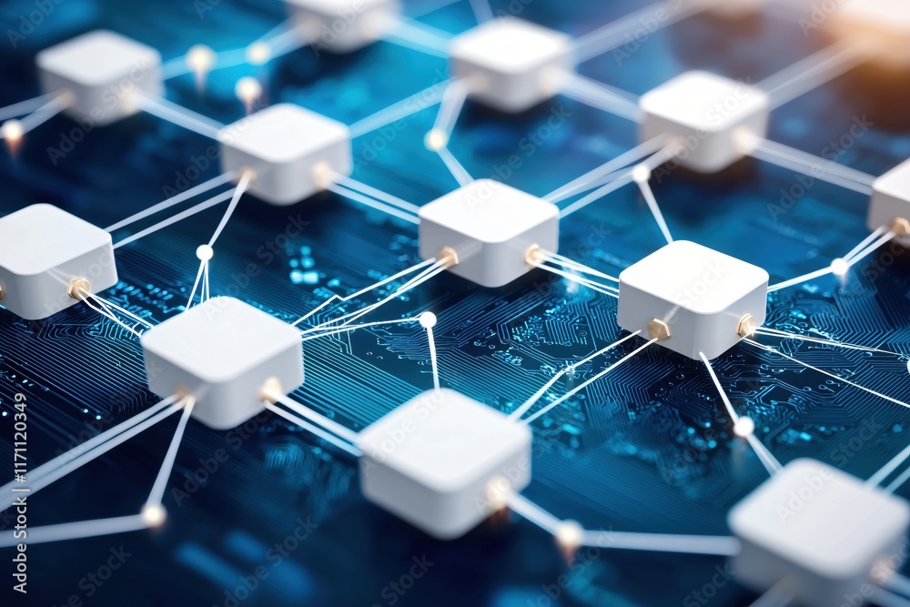Poster Abstract Technological Network with Cubes and Connections in Blue Color Scheme