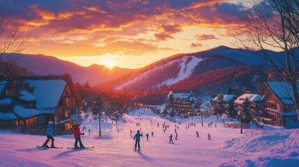 Large luxury ski resort in winter skiing season.