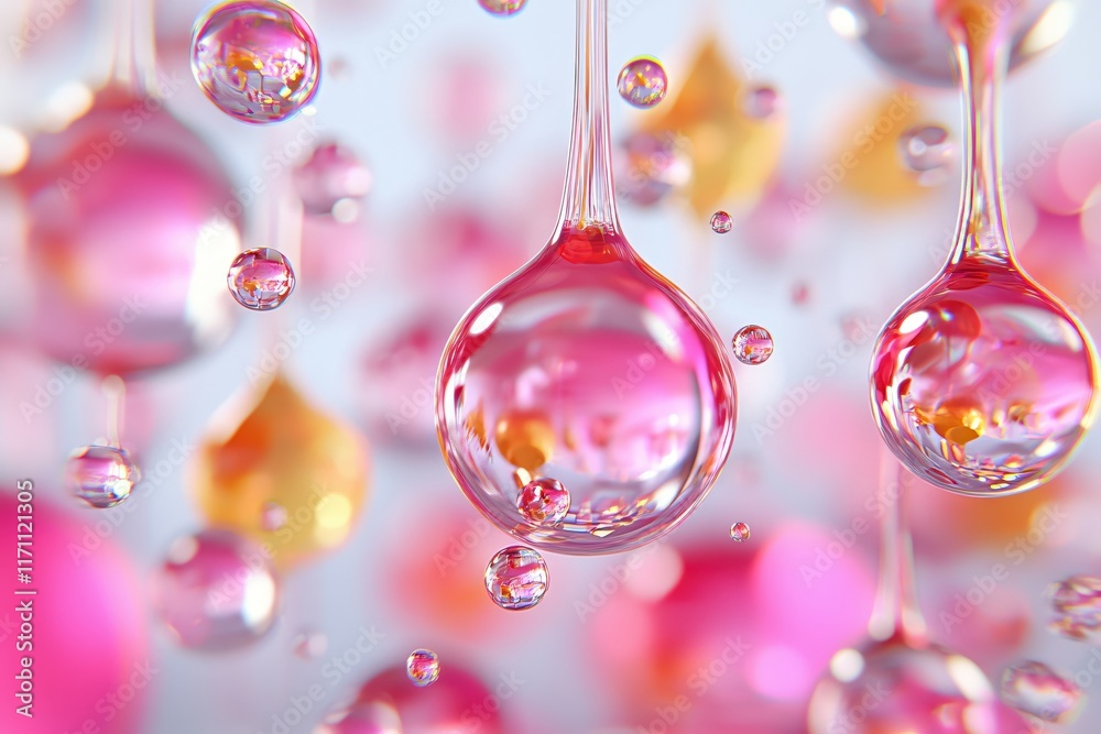 Poster delicate water droplets with colorful reflections and soft focus in a dreamy background