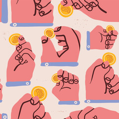 Hands holding Bitcoin coins. Cartoon style. Financial planning, savings, money, cryptocurrency, online payment, digital transactions concept. Hand drawn Vector illustration. Square seamless Pattern