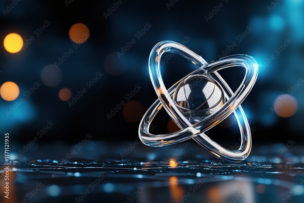 Poster abstract representation of an atom with glowing electrons and blur background effects