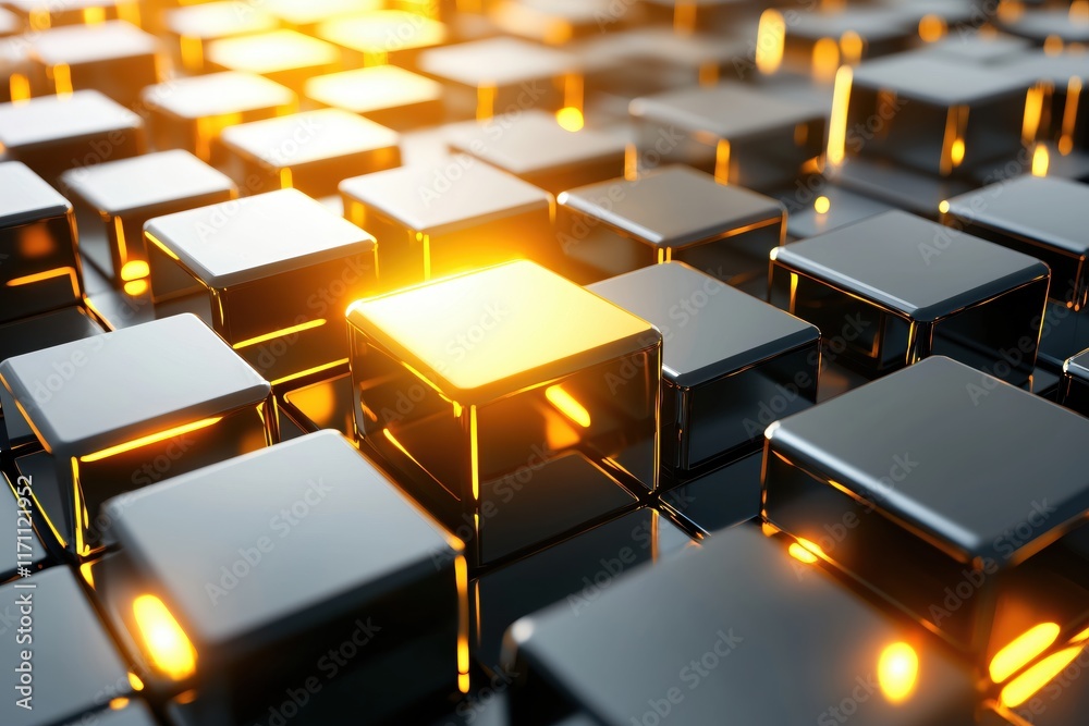 Poster shiny black cubes with glowing orange light in a grid formation for modern design concepts