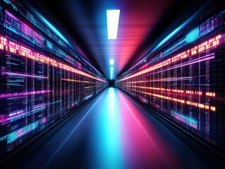 Obraz premium Futuristic digital data tunnel with neon lights.