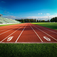 athletics track and field running lanes at a sport competition with artificial grass