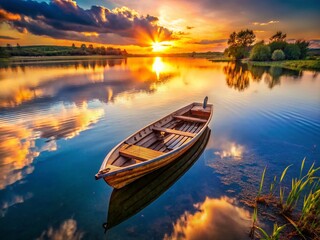 Fototapeta premium Serene Wooden Rowboat on Calm Water - Drone Aerial View