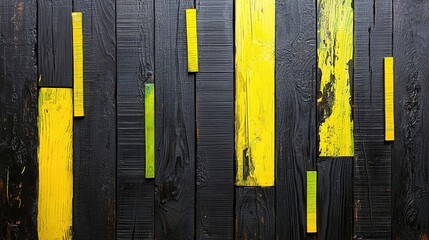 Abstract Wood Panel Art with Black Background and Bright Yellow Accents for Modern Décor