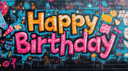 Fototapeta premium Happy birthday graffiti concept, Colorful graffiti mural with Happy Birthday text and festive elements