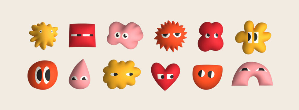 Set of various bright Doodle shapes with eyes. Different unique figures. 3D cartoon style. Hand drawn trendy Vector illustration for kids. Cute funny characters. Isolated design elements