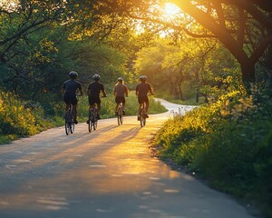 Four cyclists ride on a paved path at sunset.