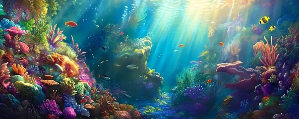 Fototapeta premium Lush Coral Reef Teeming with Vibrant Marine Life and Colorful Sponges