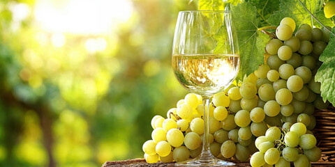 Glass of white wine with green grapes in vineyard
