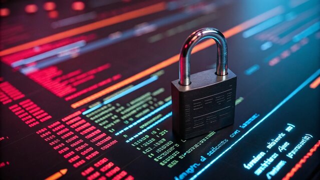 Cybersecurity, a locked lock against a backdrop of complex digital codes and algorithms, emphasizing the theme of online security. Digital lock.