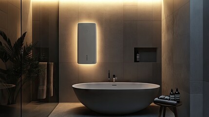 Generative AI: energy-efficient water heater mounted in a minimalist modern bathroom space.