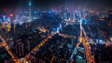 Fototapeta premium Wuhan skyline illuminating night with bright lights and traffic flowing on roads