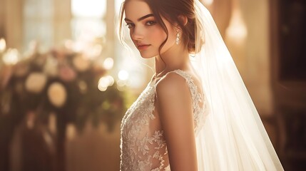 Fototapeta premium A ball gown with a fairy tale theme, featuring intricate lace and crystal embellishments