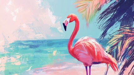Pink Flamingo on a Tropical Beach with Palm Trees and a Pastel Sky - Vibrant and Serene Illustration of Exotic Paradise and Coastal Beauty