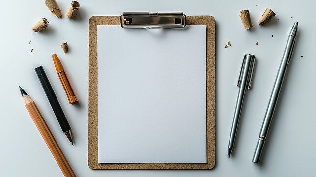 Blank clipboard, pens, pencil, shavings on white desk. - Powered by Adobe