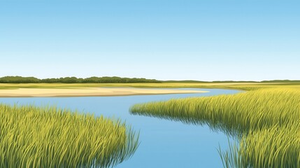 Naklejka premium Tranquil Lakeside Meadow with Lush Greenery and Calming Waters