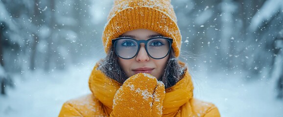 Woman in yellow winter clothes smiles in snowfall.