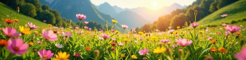Obraz premium Morning sunlight dances through a field of delicate flowers on a mountain meadow, light, peaceful