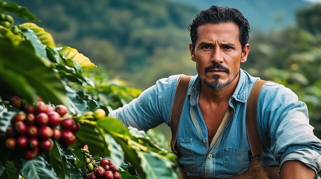 A portrait of a Latin American coffee farmer on his farm, posing for the camera while picking up many red coffee beans from the trees. 