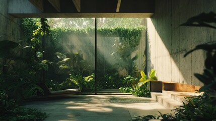 Fototapeta premium A minimalist concrete house with large windows, surrounded by lush greenery and a serene garden