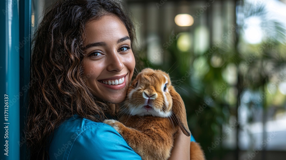 Poster pet insurance plans vet assistant gently handling a rabbit in a caring environment stock photo with 