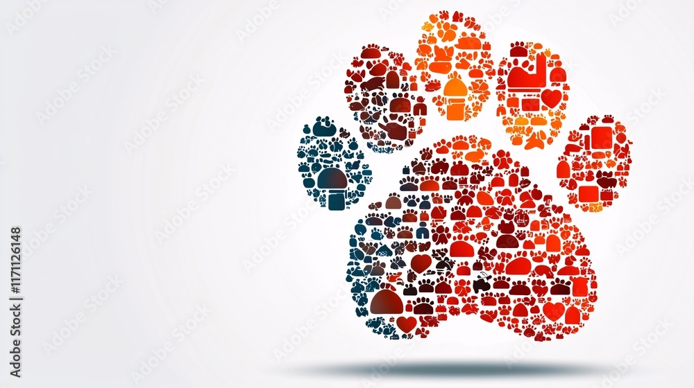 Poster pet insurance plans creative illustration of a paw print filled with icons representing different co