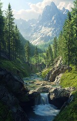 Pristine Mountain Waterfall Landscape with Lush Forest and Snow-Capped Peaks