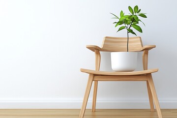 Modern Wooden Chair with Potted Plant on Minimalist Background in Bright Interior Space