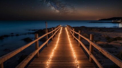 Obraz premium Illuminated pier extending into a tranquil ocean under a starlit sky. A serene night scene.